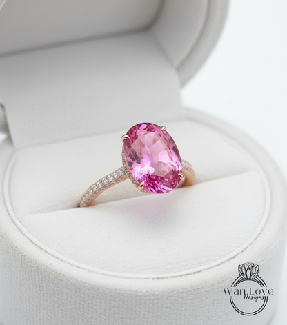Pink Sapphire & Diamond Engagement Ring Side Halo 3/4 Almost eternity Oval, 9ct, 15x10mm, Custom,14k 18k White Yellow Rose Gold-Platinum