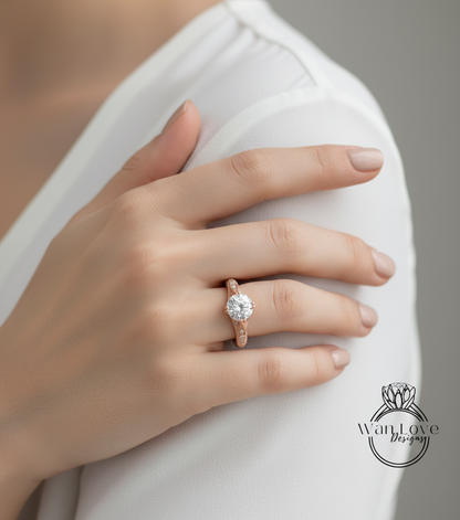 Diamond Engraved Antique Engraving Round Engagement Ring, Custom-14k 18k White Yellow Rose Gold-Platinum-Wedding-Anniversary Gift