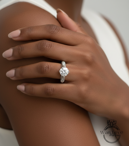 Diamond Engraved Antique Engraving Round Engagement Ring, Custom-14k 18k White Yellow Rose Gold-Platinum-Wedding-Anniversary Gift