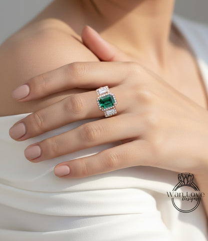 Emerald & Diamond Baguette Emerald cut 3 gemstone triple halo Engagement Ring, 14k 18k White Yellow Rose gold-Platinum-Custom-Bridal Wedding ring-Anniversary Gift