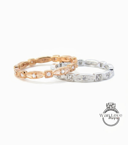 Ready to Ship White Sapphire Milgrain Wedding Band Art Deco Scalloped Square Full Eternity Stacking Engagement Ring Rose White Gold, Custom