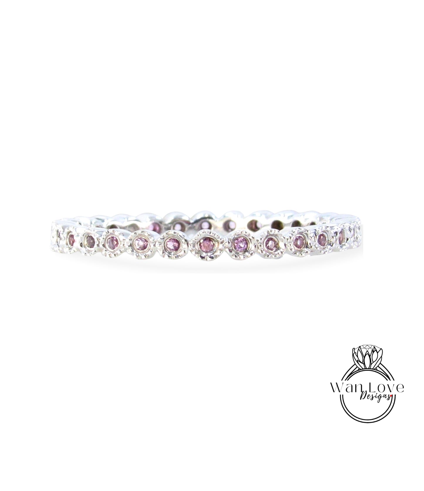 Milgrain Bezel Set Ring, Pink Sapphire Band, Round Cut Pink Sapphire Wedding Band, Vintage Style band, Amtique bezel Wedding Ring, Ready