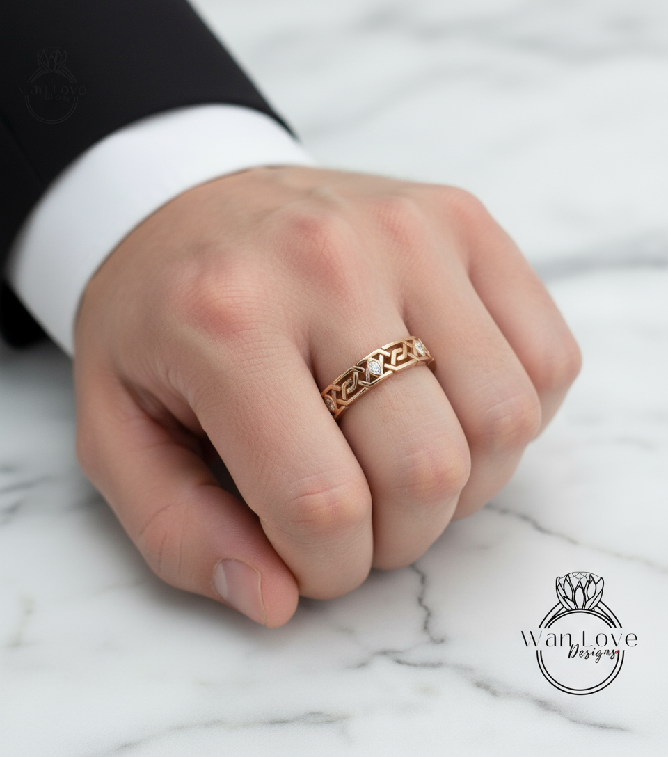 Celtic Knot Diamond Mens Wedding Band, Celtic Pattern Band, 14k White Gold Braided Ring, Mens Promise Band, Mans Birthstone Commitment Band