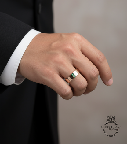 Mens Emerald Wedding Ring | Solid Rose Gold Mens Wedding Band | Princess Cut Diamond Band | Green Emerald Square Ring | His Birthstone Band