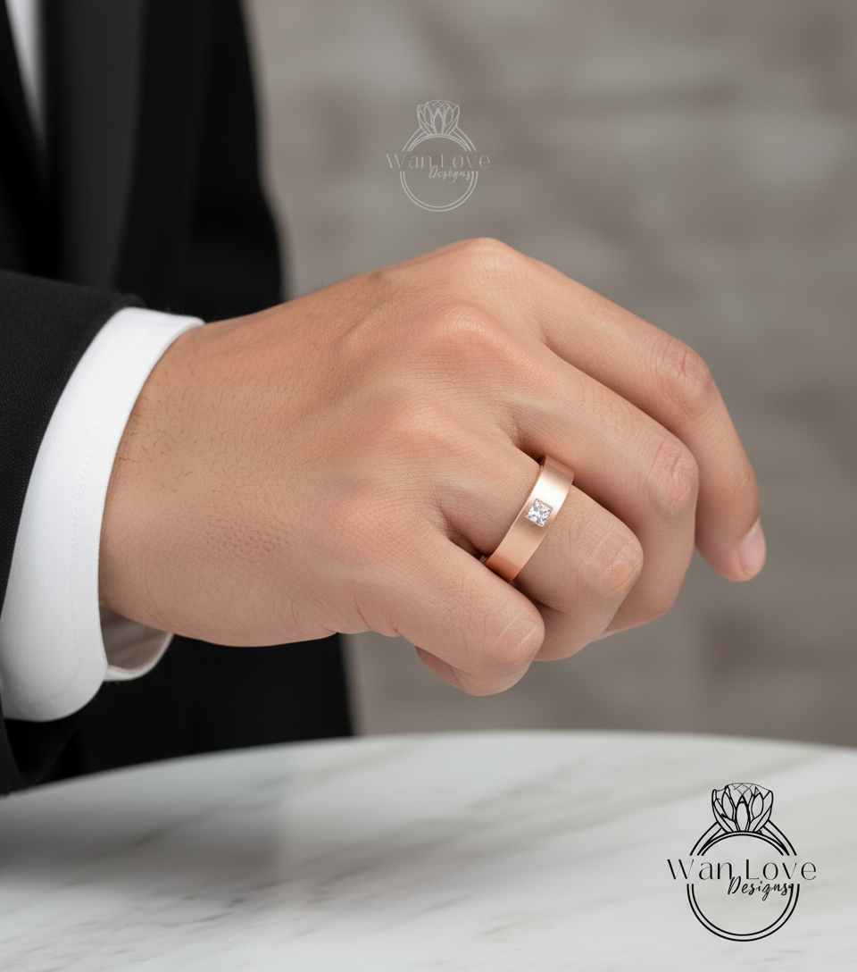 14k 18k Solid Gold Princess cut Wedding Ring for Men, Gold Mens Wedding Band, Custom Birthstone Mens Wedding Ring, Rings for Men, Gift him