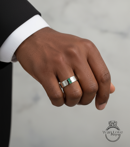 Mens Emerald Wedding Ring | Solid Rose Gold Mens Wedding Band | Princess Cut Diamond Band | Green Emerald Square Ring | His Birthstone Band