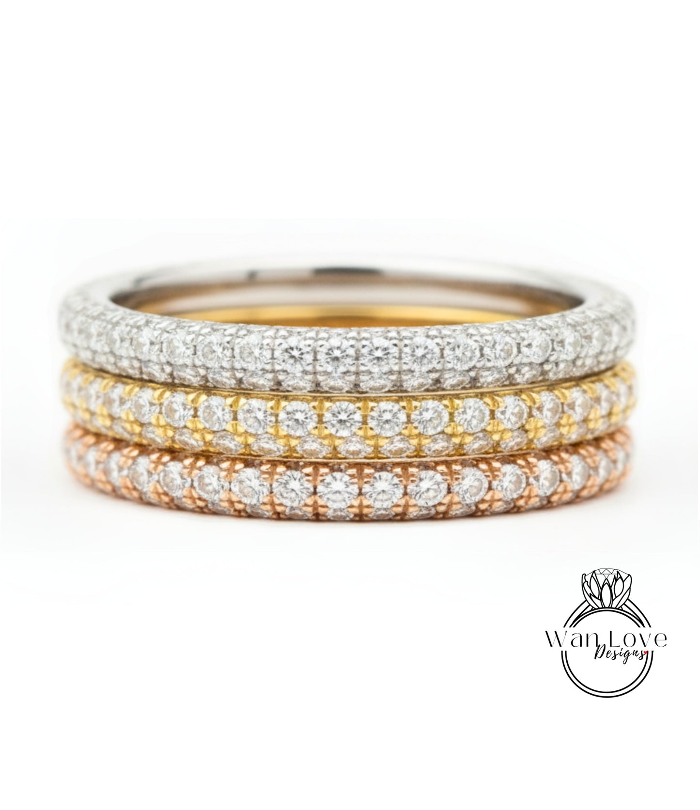 Fede nuziale da donna con pavé di diamanti 3 file 3/4 quasi eternità, fede nuziale Moissanite a 3 lati, anello in oro bianco 18k, fascia portafortuna personalizzata