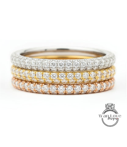 Fede nuziale da donna con pavé di diamanti 3 file 3/4 quasi eternità, fede nuziale Moissanite a 3 lati, anello in oro bianco 18k, fascia portafortuna personalizzata