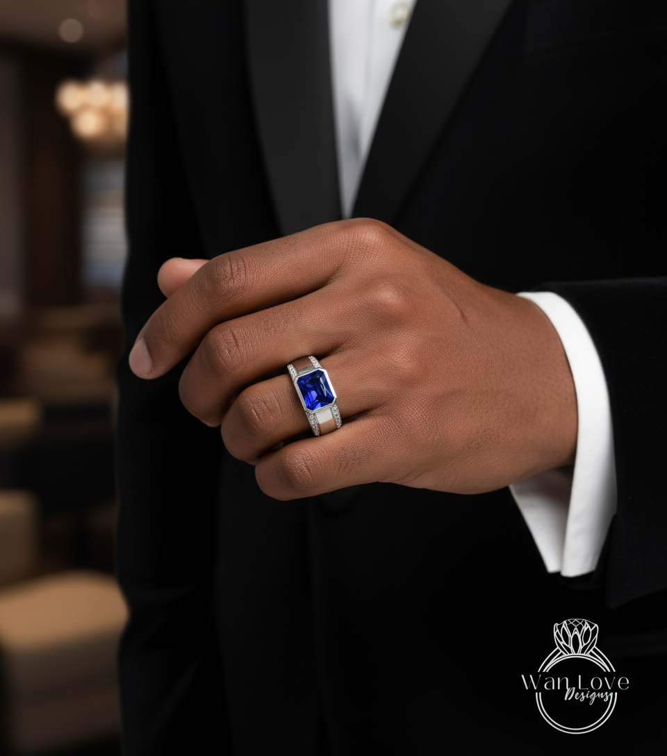 Emerald cut Sapphire and Diamond Men Ring in 14k White Gold | Blue Sapphire Ring | Mans Wedding Ring | Gifts For Him | Birthstone Mens Ring