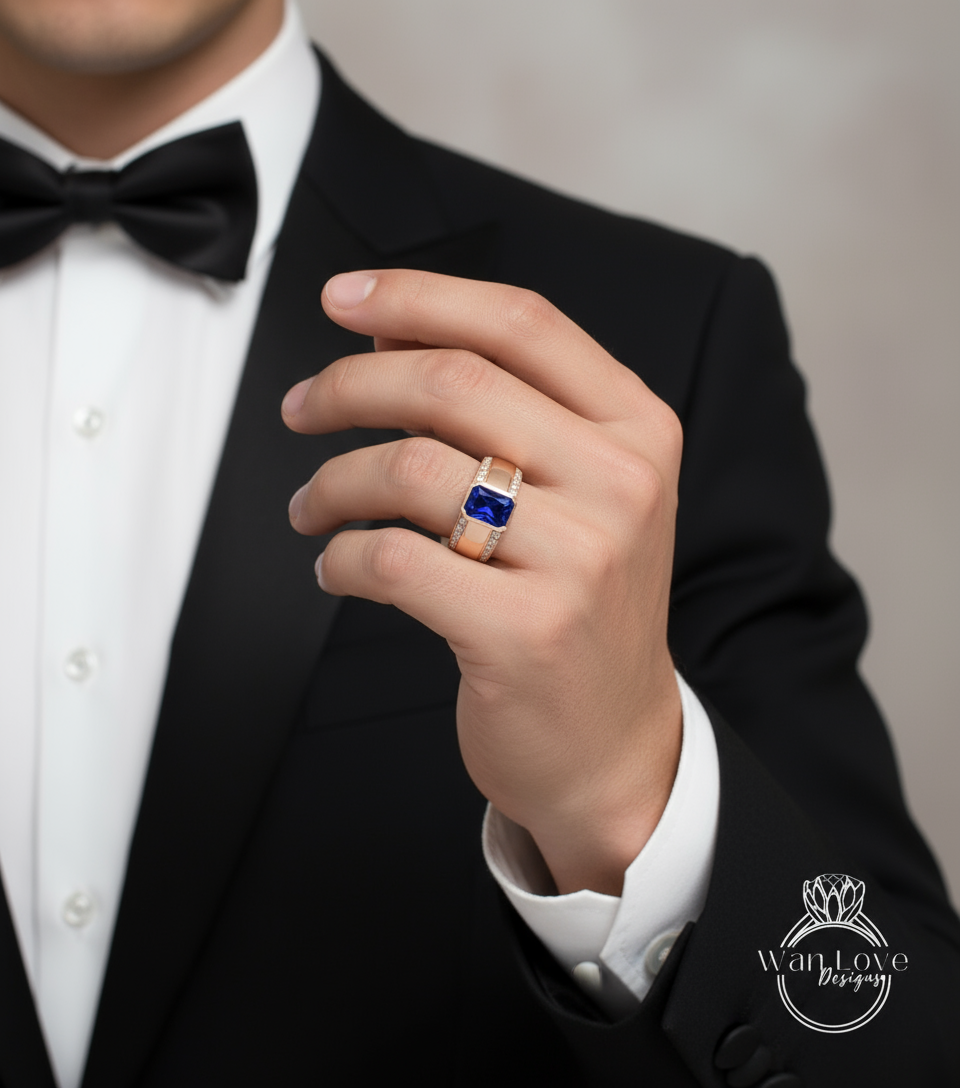 Emerald cut Sapphire and Diamond Men Ring in 14k White Gold | Blue Sapphire Ring | Mans Wedding Ring | Gifts For Him | Birthstone Mens Ring