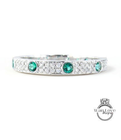 Green Emerald & Diamonds bezel ring, Almost eternity white sapphire wedding band, double row moissanite ring, birthstone band