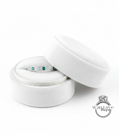 Anello con fede nuziale Moissanite verde smeraldo bianco Anello con pietra preziosa in oro bianco con castone rotondo 7 pietre preziose Anello di fidanzamento con anniversario Pronto per la spedizione