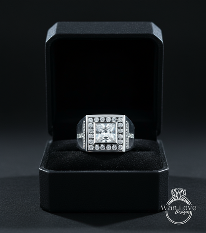 Anello da uomo con zaffiro bianco art deco Princess Halo Wedding Band 3ct Square halo mans Anello di fidanzamento nuziale regalo unico per lui-Pronto per la spedizione