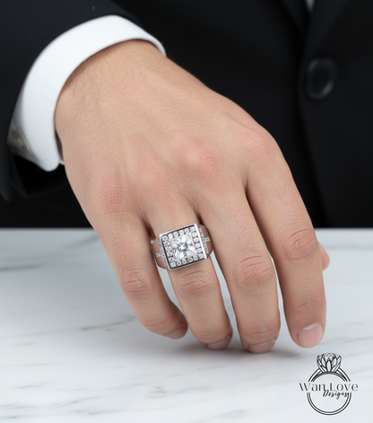 Anello da uomo con zaffiro bianco art deco Princess Halo Wedding Band 3ct Square halo mans Anello di fidanzamento nuziale regalo unico per lui-Pronto per la spedizione