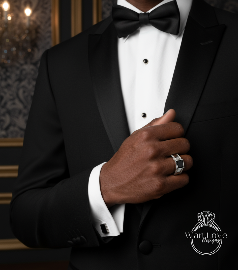 Men's Black Spinel Wedding Band | Square White Gold Men Band | Princess Cut Black Diamond Wedding Ring | Unique Men's Wedding Band