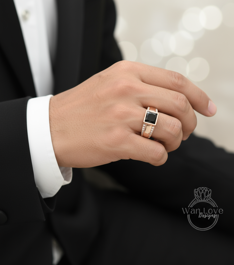 Men's Black Spinel Wedding Band | Square White Gold Men Band | Princess Cut Black Diamond Wedding Ring | Unique Men's Wedding Band