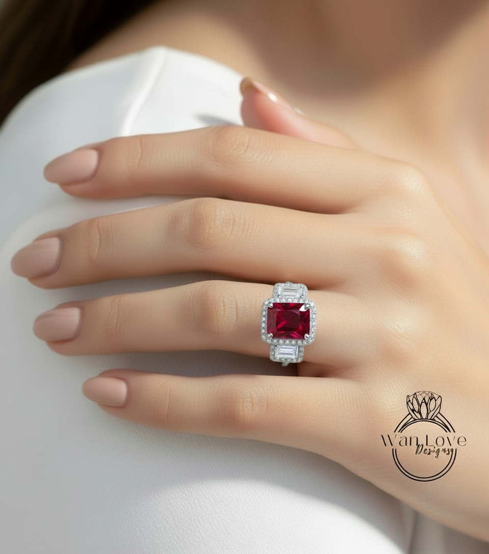 Anello baguette con rubino e diamanti smeraldo, anello di fidanzamento Art Déco, anello con pietra laterale con diamante, anello con diamante con tre pietre Halo