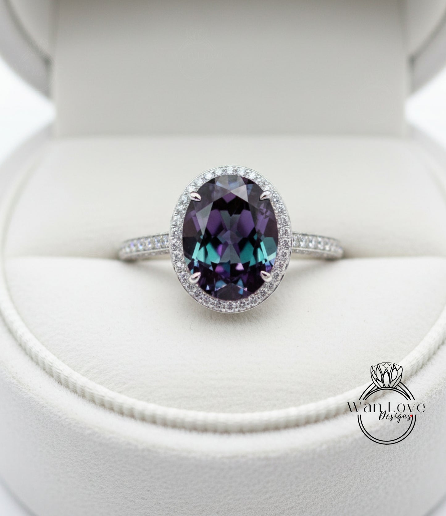 Alexandrite & Diamond Oval Halo 3 sided Engagement Ring, 14k 18k White Yellow Rose Gold, Platinum, Wedding, Anniversary Gift