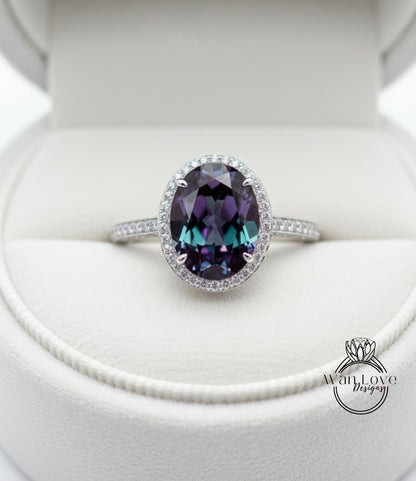 Alexandrite & Diamond Oval Halo 3 sided Engagement Ring, 14k 18k White Yellow Rose Gold, Platinum, Wedding, Anniversary Gift