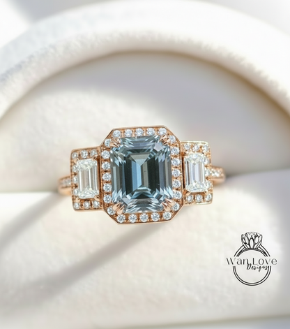 Anello di fidanzamento moissanite anello con taglio smeraldo anello in oro con tre pietre preziose anello con 3 aureole anello con diamanti moissanite anello con punta art deco vintage