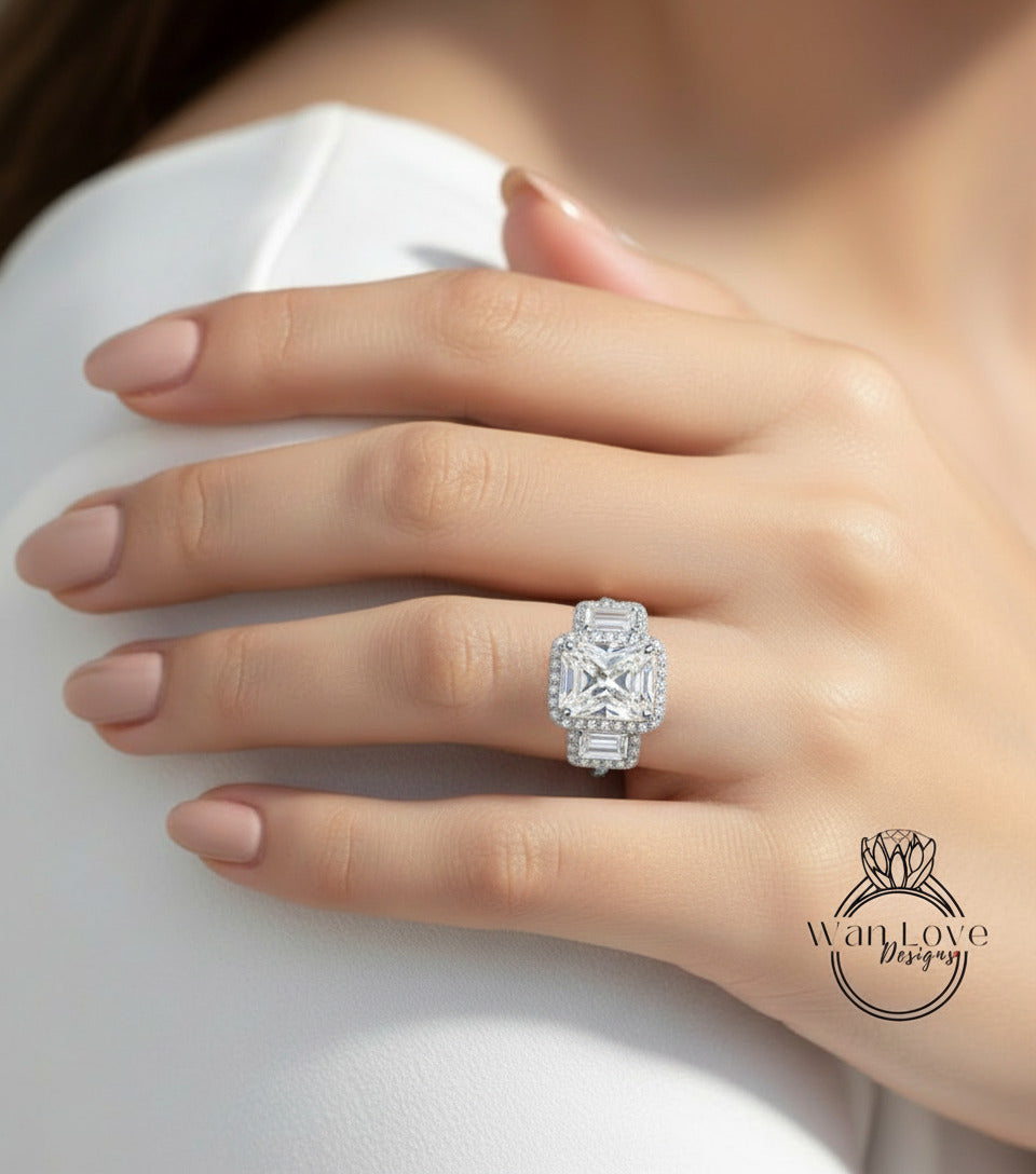 White Sapphire & Diamonds Emerald Triple Halo Baguette Ring, Art Deco Engagement Ring, Diamond Side Stone Ring, Three Gem Stone Halo Diamond Ring, Anniversary Gift