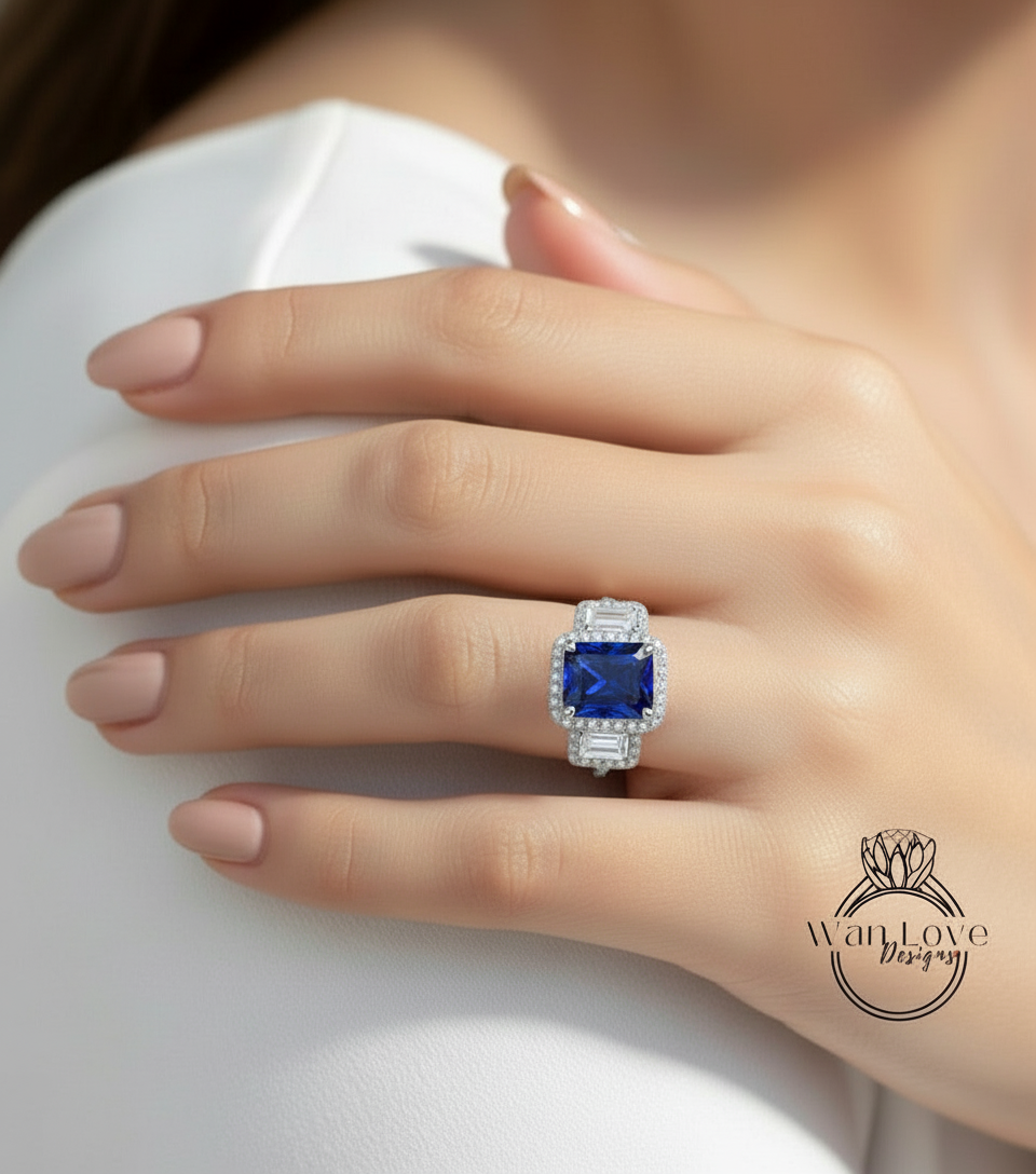 Blue Sapphire & Diamonds Emerald Triple Halo Baguette Ring, Art Deco Engagement Ring, Diamond Side Stone Ring, Three Gem Stone Halo Diamond Ring, Anniversary Gift