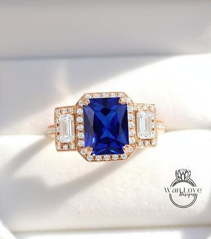 Blue Sapphire & Diamond Baguette Emerald cut 3 gemstone triple halo Engagement Ring, 14k 18k White Yellow Rose gold-Platinum-Custom-Bridal Wedding ring-Anniversary Gift