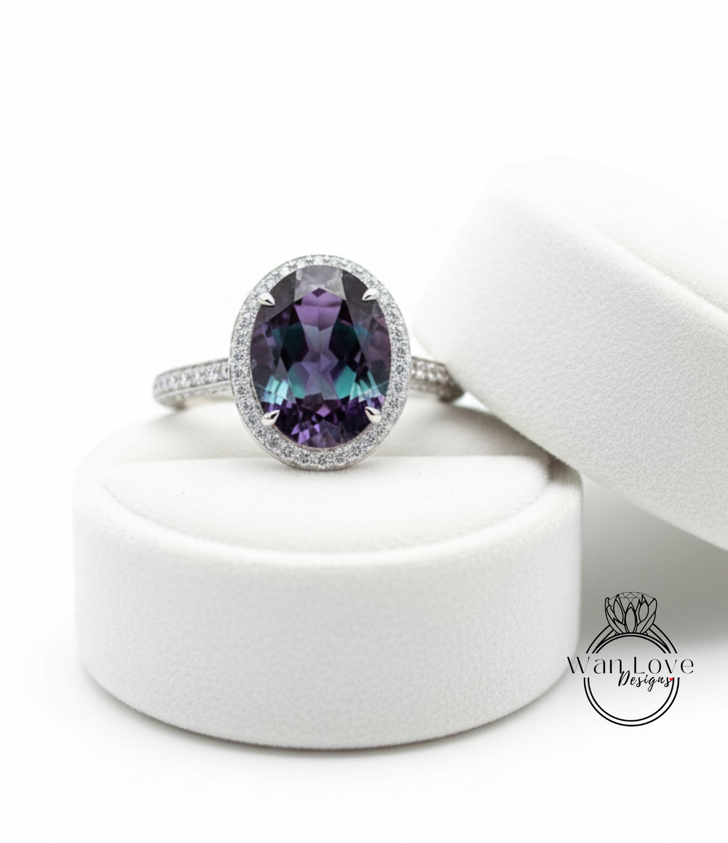 Alexandrite & Diamond Oval Halo 3 sided Engagement Ring, 14k 18k White Yellow Rose Gold, Platinum, Wedding, Anniversary Gift