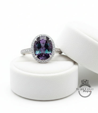 Alexandrite & Diamond Oval Halo 3 sided Engagement Ring, 14k 18k White Yellow Rose Gold, Platinum, Wedding, Anniversary Gift