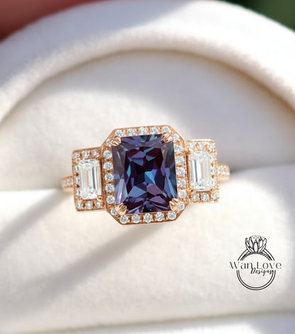 Alexandrite & Diamond Baguette Emerald cut 3 gemstone triple halo Engagement Ring, 14k 18k White Yellow Rose gold-Platinum-Custom-Bridal Wedding ring-Anniversary Gift
