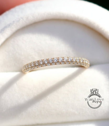 Fede nuziale da donna con pavé di diamanti 3 file 3/4 quasi eternità, fede nuziale Moissanite a 3 lati, anello in oro bianco 18k, fascia portafortuna personalizzata