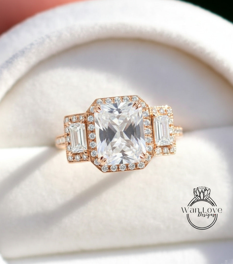 Anello di fidanzamento con smeraldo e smeraldo baguette con smeraldo, 3 ct 9x7 mm, personalizzato, 14k 18k bianco giallo oro rosa-platino-regalo di nozze personalizzato