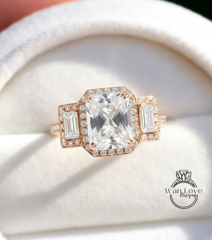 Anello di fidanzamento con smeraldo e smeraldo baguette con smeraldo, 3 ct 9x7 mm, personalizzato, 14k 18k bianco giallo oro rosa-platino-regalo di nozze personalizzato