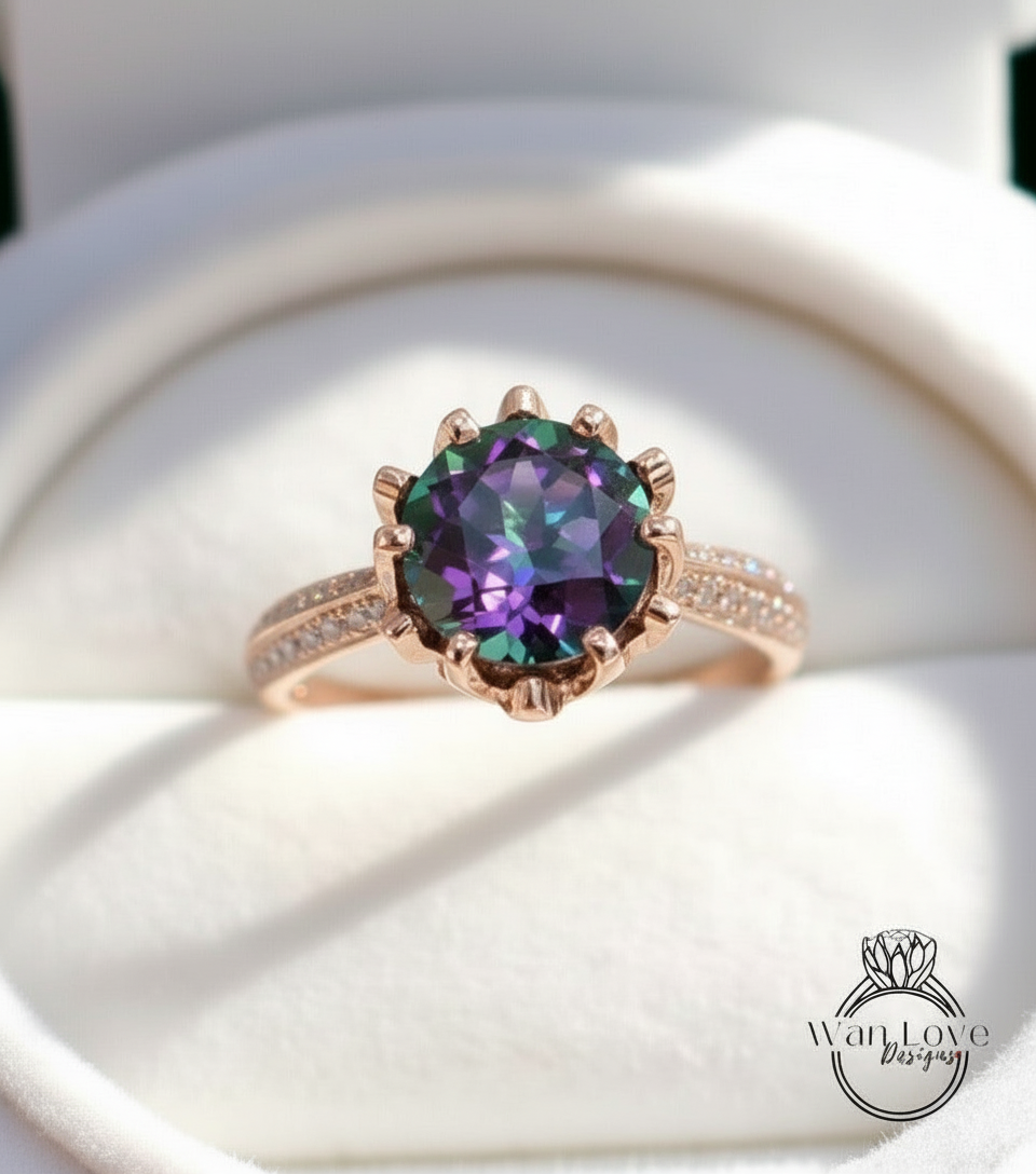 Rainbow Quartz Diamond Lotus Engagement Ring Round cut-Custom-Wedding-Anniversary-14k 18k White Yellow Rose Gold-Platinum