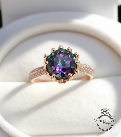Rainbow Quartz Diamond Lotus Engagement Ring Round cut-Custom-Wedding-Anniversary-14k 18k White Yellow Rose Gold-Platinum