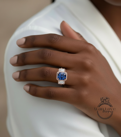 Blue Sapphire & Diamonds Emerald Triple Halo Baguette Ring, Art Deco Engagement Ring, Diamond Side Stone Ring, Three Gem Stone Halo Diamond Ring, Anniversary Gift