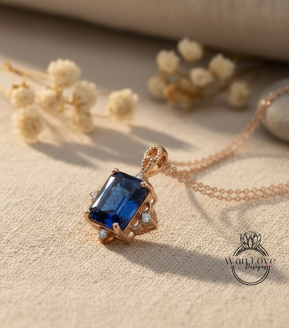 Vintage Emerald Cut Blue Sapphire Pendant, Milgrain Halo Charm Pendant, Wedding Pendant, Anniversary Gift, Unique Birthstone Pendant