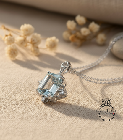 White Sapphire Emerald cut Antique pendant vintage style ornate necklace Charm Chain 4ct White or Rose Gold anniversary wedding Gift Ready