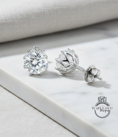 Orecchini Moissanite Borchie a taglio rotondo 8 punte a vite sul retro, 1 ct ciascuno, peso totale 2 ct, 6,5 mm, personalizzato, oro bianco, regalo di anniversario, pronto per la spedizione