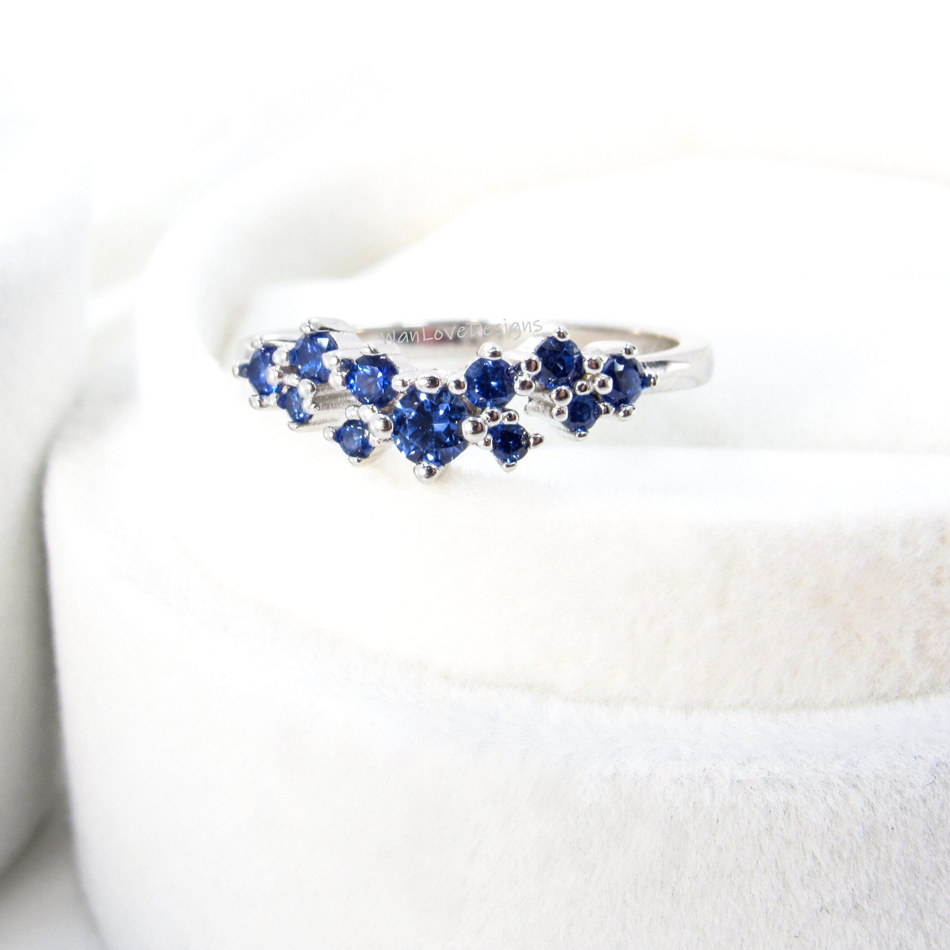 Curved Diamond Wedding Band vintage Sapphire Birthstone Ring Unique White gold Moissanite stacking Delicate matching band Promise Aniversary Wan Love Designs