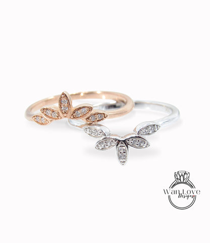 Custom Listing for Isabelle 10K Solid Gold Rings/Art Deco Lab Diamond 5 Leaves Wedding Band/ Lotus Matching Band/5 Leaf Ring/Promise Ring/Gift for Her