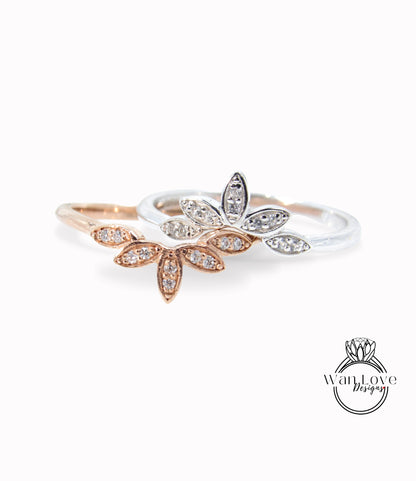 14K Solid Gold Rings/Art Deco Diamond 5 Leaves Wedding Band/ Lotus Matching Band/5 Leaf Ring/Promise Ring/Gift for Her