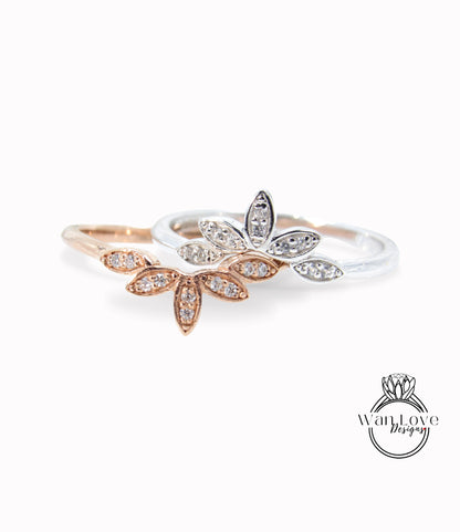 White Sapphire Leaf Curved Nesting Sunburst Lotus Match Wedding Band Ring Rose White Gold Custom Engagement Anniversary Gift Ready to Ship