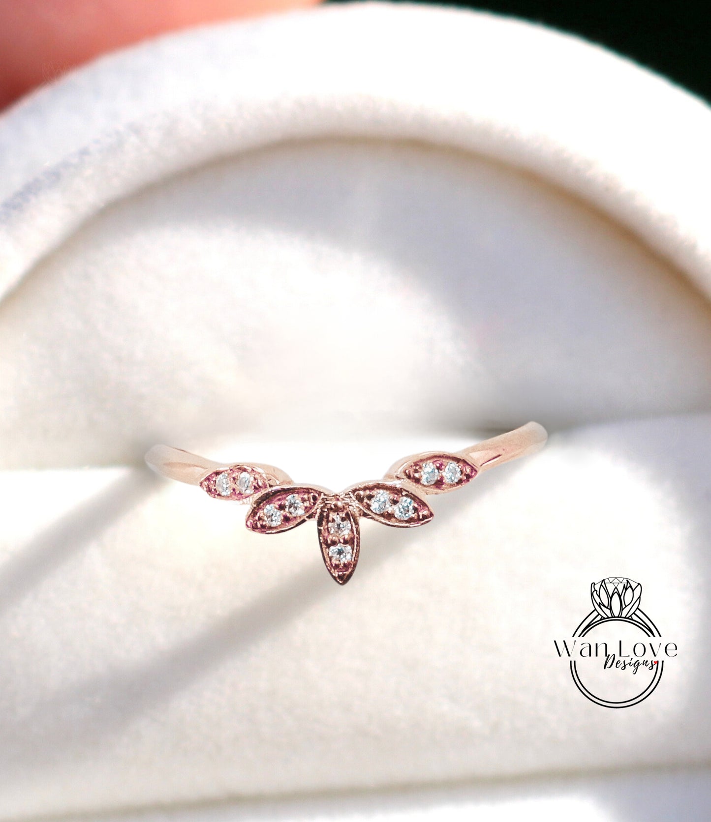 White Sapphire Leaf Curved Nesting Sunburst Lotus Match Wedding Band Ring Rose White Gold Custom Engagement Anniversary Gift Ready to Ship