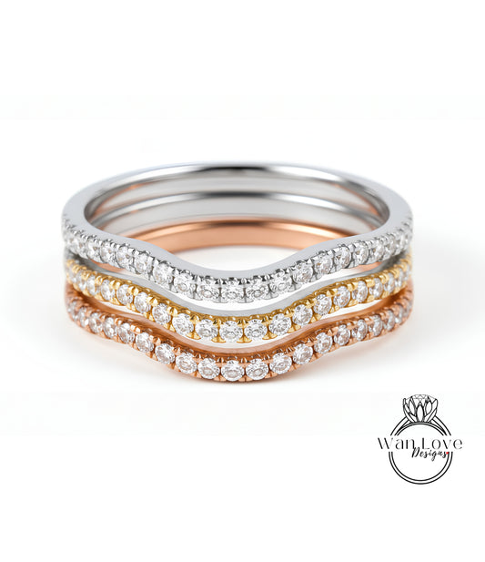 Fede nuziale curva da donna con diamante, fascia per anelli di fidanzamento annidati, fascia sagomata, anello curvo, anello impilabile, fascia impilabile, regalo per lei