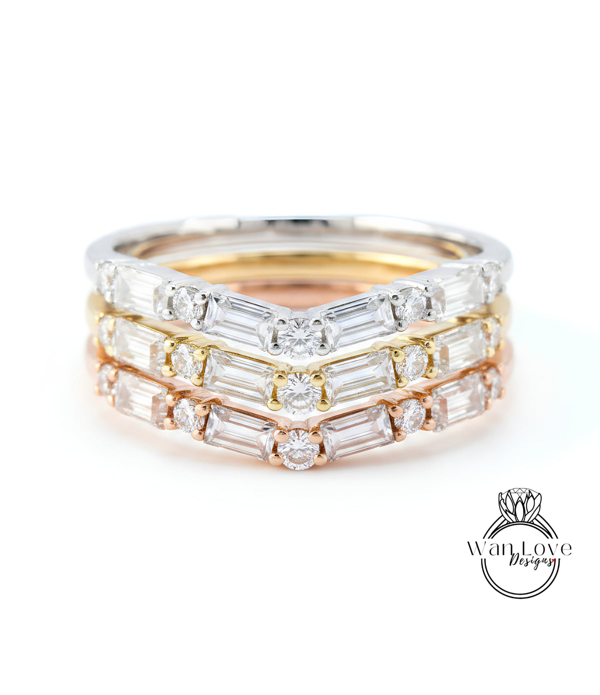 Diamond Baguette Half Eternity Ring • Curved Dot Dash style U Ring • V Chevron Moissanite Band • Anniversary Ring • Birthstone Mothers Gift