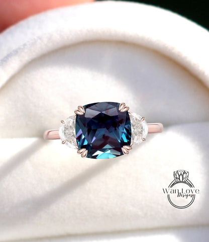 Cushion Alexandrite half moon diamond engagement ring rose gold vintage engagement ring woman 3 gem Wedding Bridal ring Anniversary gift Wan Love Designs