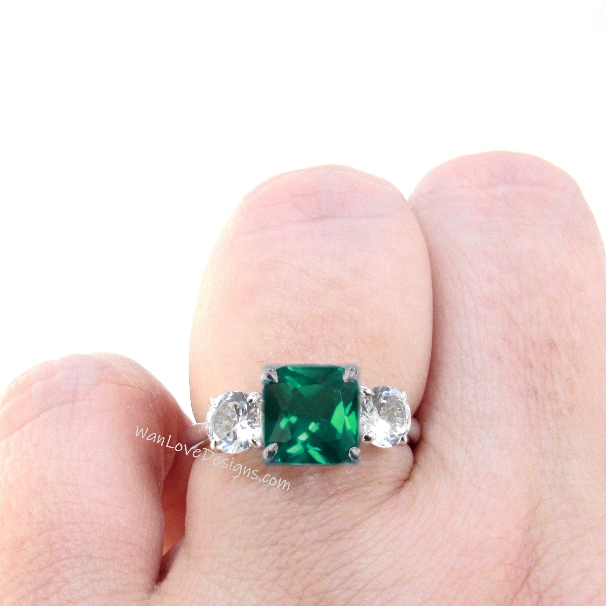 Cushion Emerald & Round Moissanite Engagement Ring, 14k 18k White Yellow Rose Gold-Platinum-Custom-Wedding-Anniversary Gift Wan Love Designs