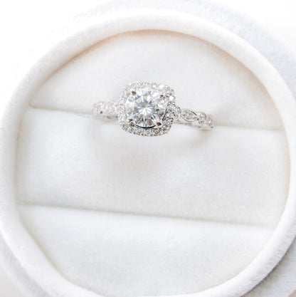 Cushion Halo Forever One Round Moissanite engagement ring 18k white gold vintage milgrain 3/4 eternity women Diamond Wedding Bridal Ready Wan Love Designs