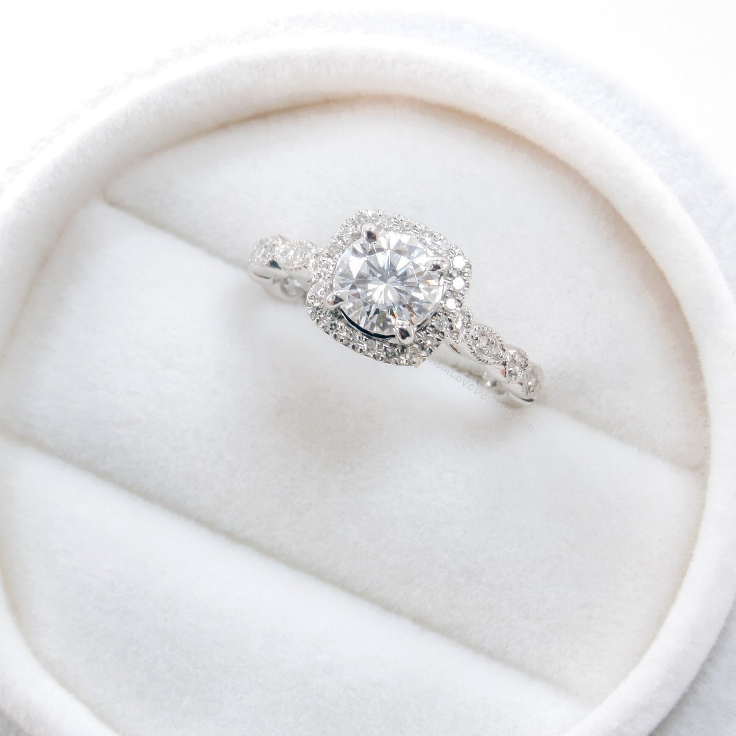 Cushion Halo Forever One Round Moissanite engagement ring 18k white gold vintage milgrain 3/4 eternity women Diamond Wedding Bridal Ready Wan Love Designs